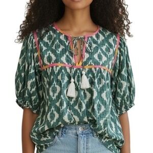 THML Women's Teal Ikat Diamond Cotton Puff Sleeve Tassel Tie Blouse  Sz M Boho